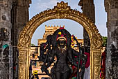 The great Chola temples of Tamil Nadu - The Brihadishwara Temple of Thanjavur. Deities on  the eastern entrance porch of the temple mandapa. 